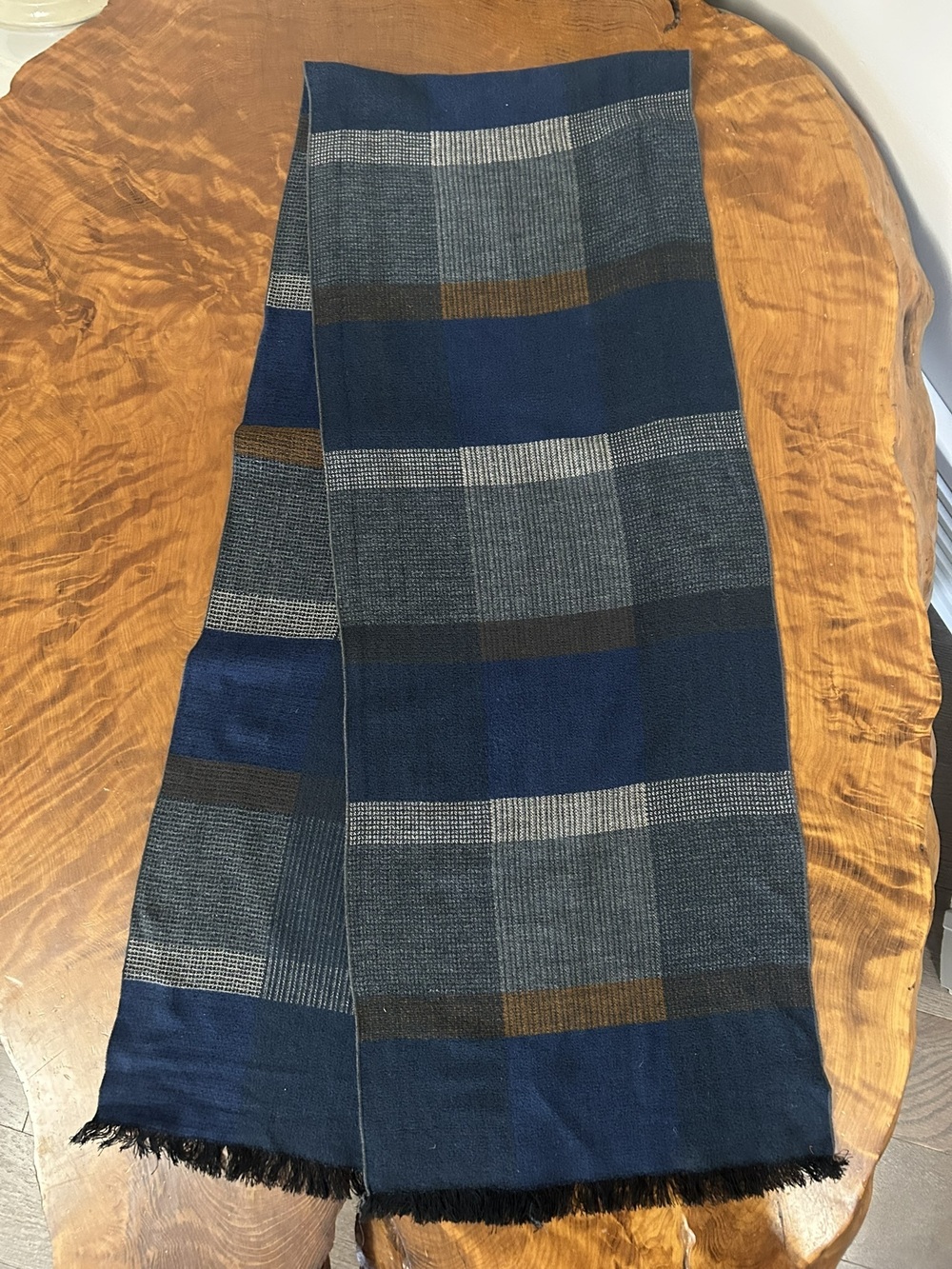 Luxury 100% Silk Plaid Block Check Scarf Fringed Navy Blue Grey Brown Unisex